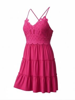 Zenana Boho Romantic Pink Lace Strappy Tiered Soft Flowy Tunic Top Smocked Back